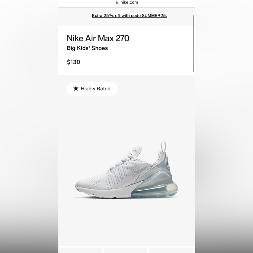 Nike “Big Kids” White Air Max 270 Sneakers